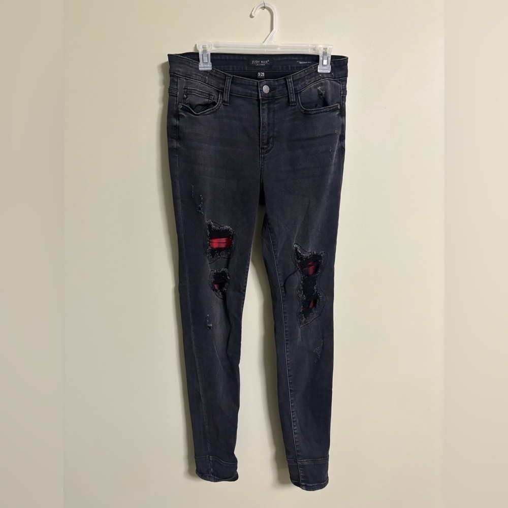 Judy Blue Jeans Womens 9/29 Skinny Fit Distressed Buffalo Plaid Dark Gray Wash